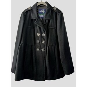 Green with Envy Women's L Black Wool‎ Blend Pea Coat Peplum Button Back